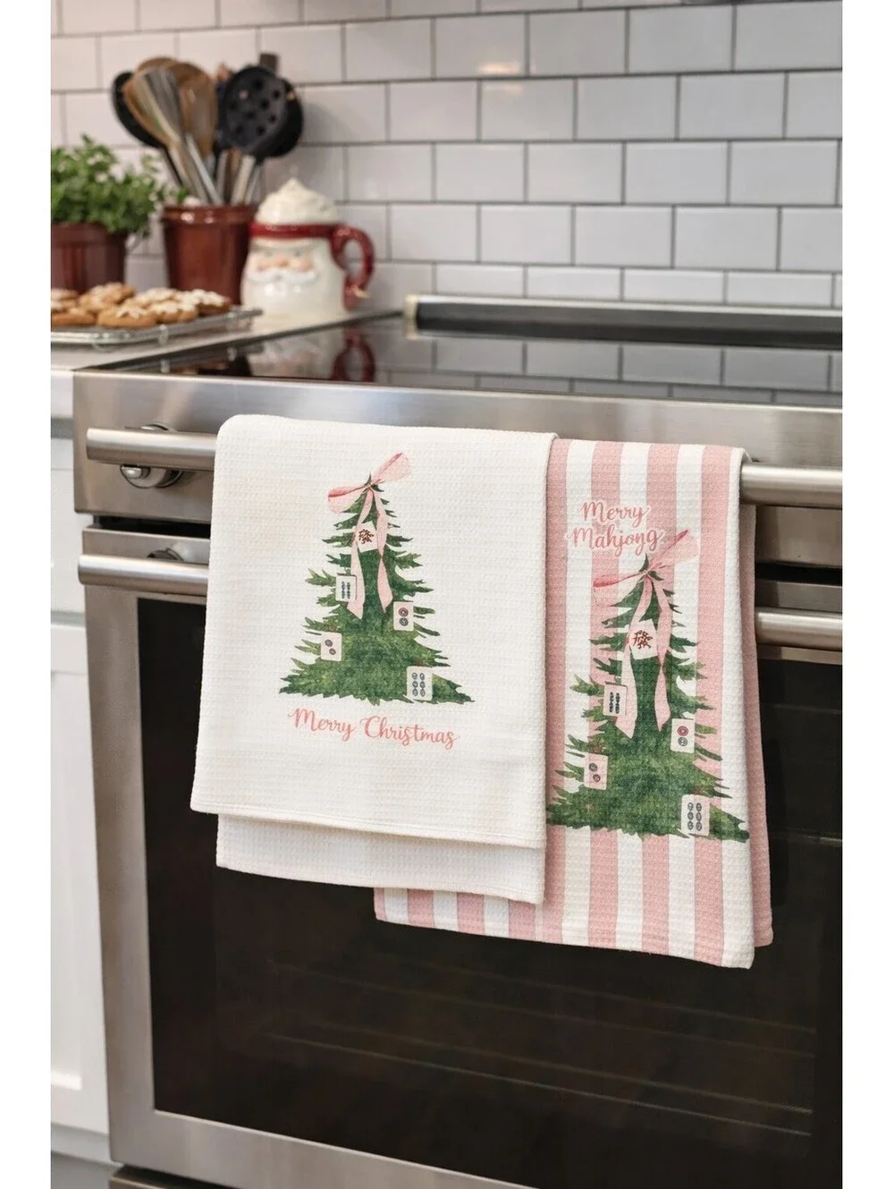 Set of 2 Cotton Kitchen Towels Christmas Mahjong Theme Pink White Striped Green